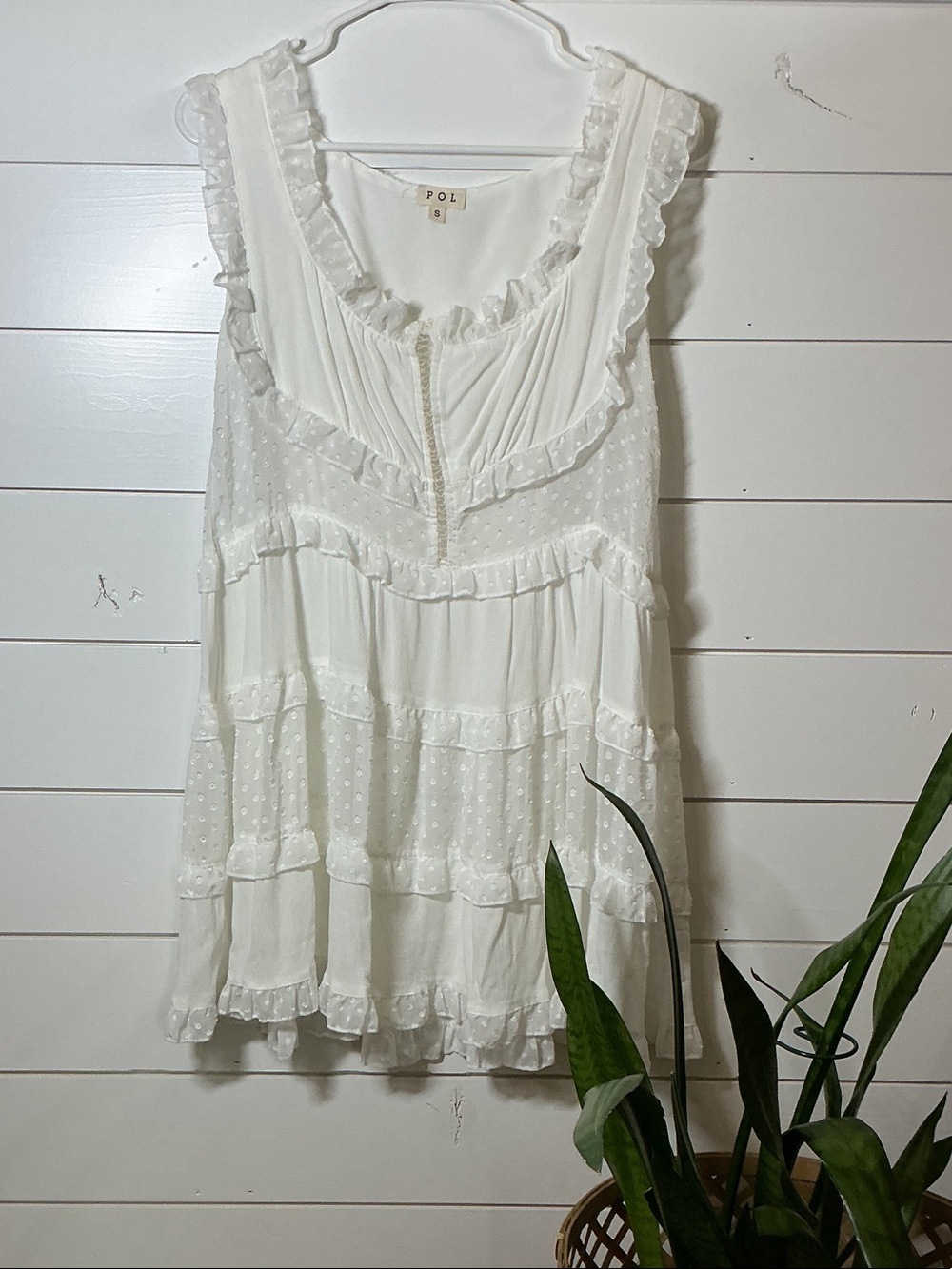 NWOT POL White Ruffled Tiered Swiss Dot Mini-Dress